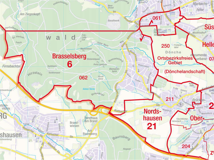 Stadtteilkarte Brasselsberg - Copyright Stadt Kassel, Nutzungsgenehmigung Nr 1407 Amt f&uuml;r Vermessung und Geoinformation